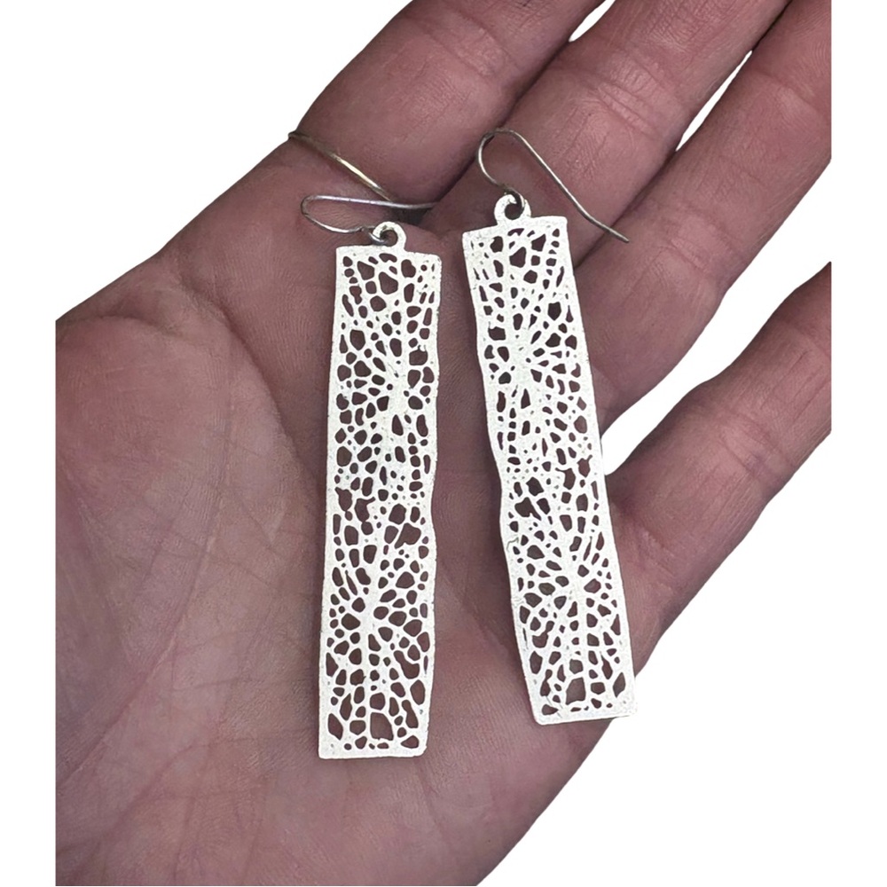 Long Silver Rectangle Filigree Drop Earrings Skel… - image 8
